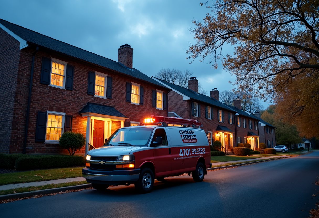 Chimney service van outside brick townhouses at dusk — Mukilteo